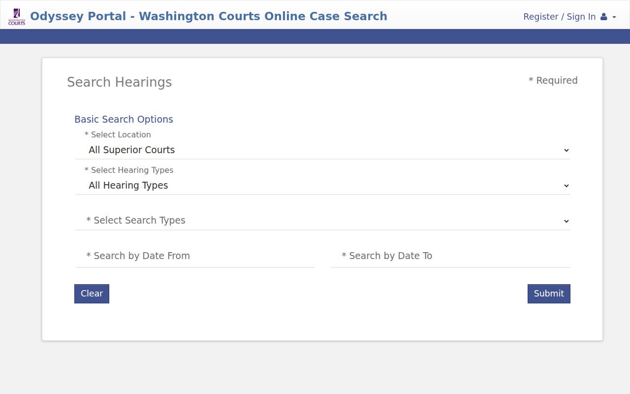 Lincoln County court calendar Odyssey hearing search controls