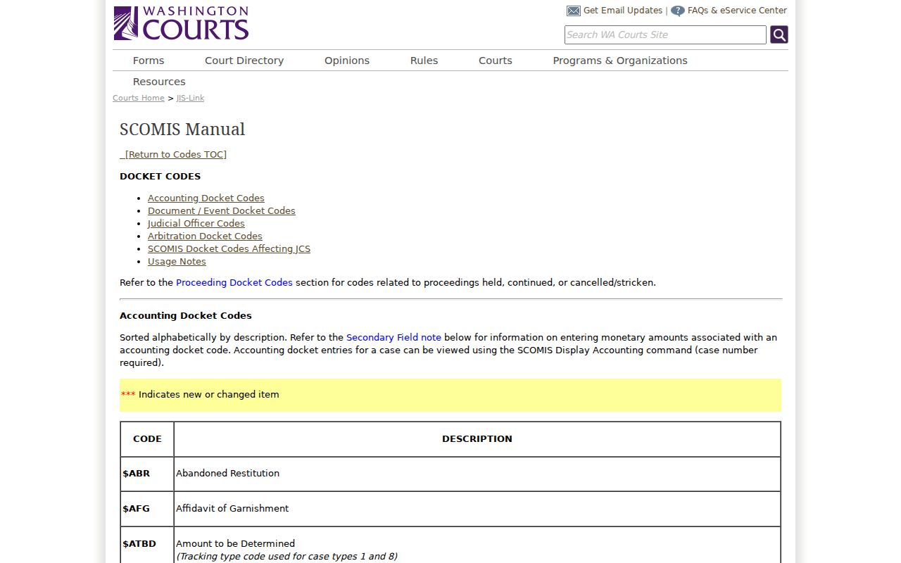 Lincoln County criminal docket SCOMIS code reference