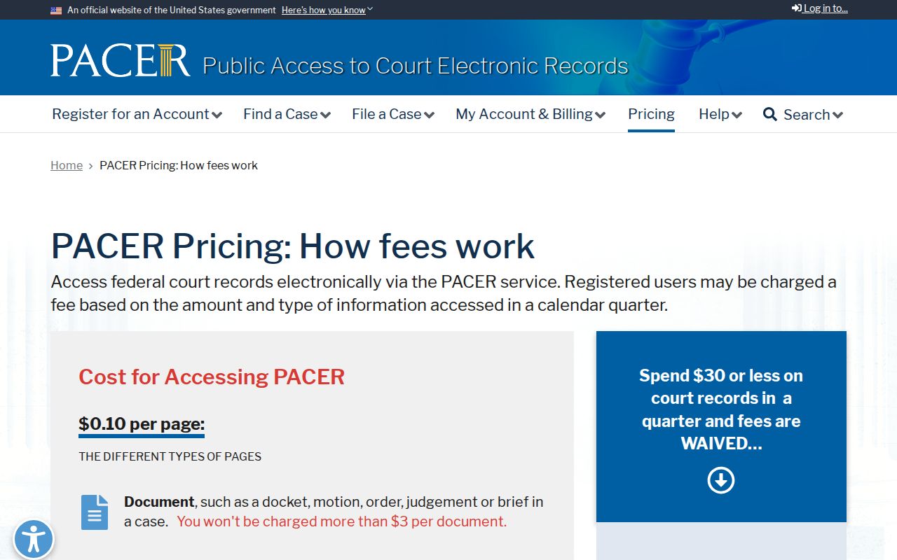 PACER federal docket pricing information