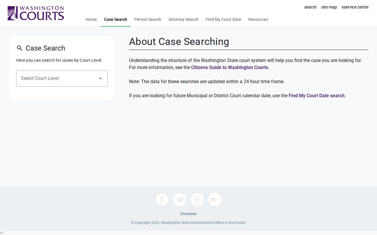 Lincoln County case search court level and case type controls