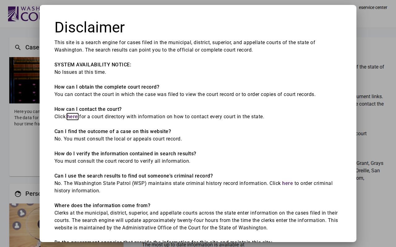 Lincoln County case search Washington Courts landing page